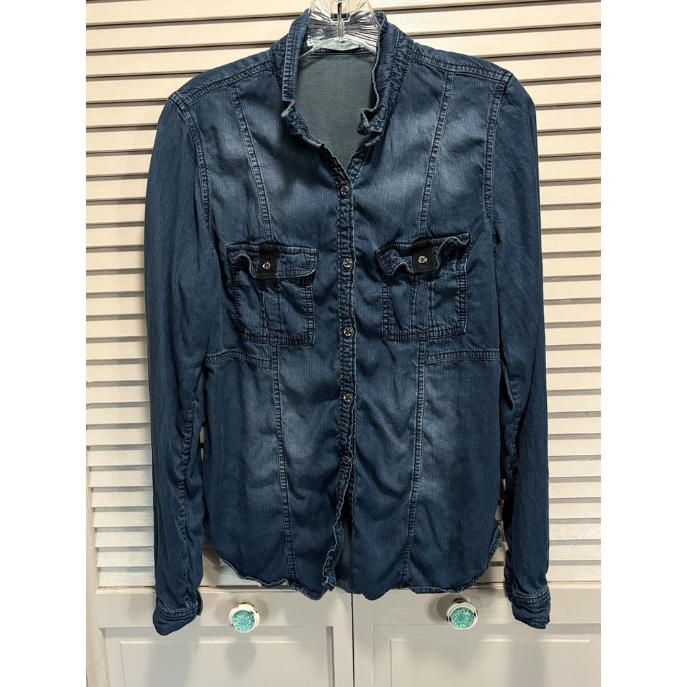 Maurices Long Sleeve Denim Shirt Button Up Size M Pockets Gathered Collar